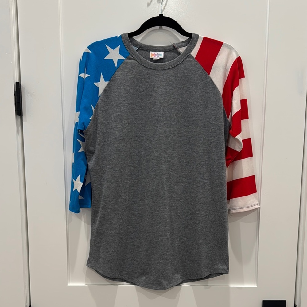 LulaRoe Gray Raglan Shirt with American Flag Sleeves